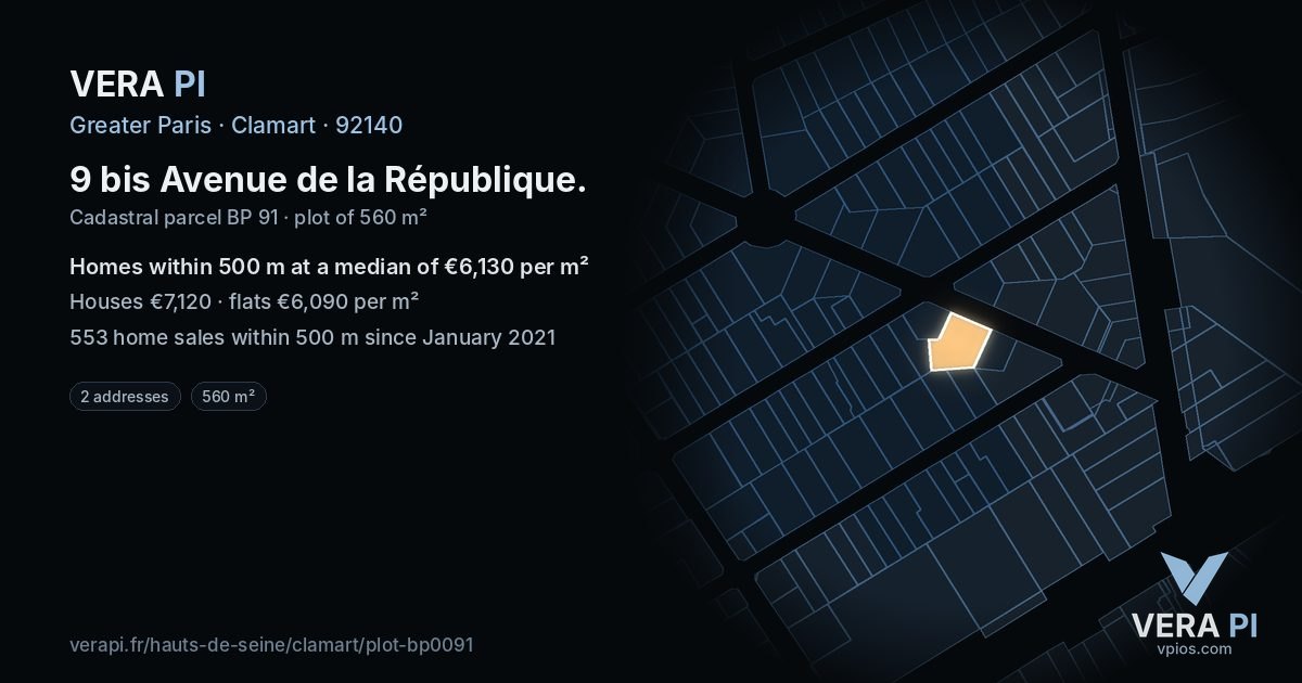 9 bis Avenue de la République, Clamart at night – the plot lit, the parcels around coloured by the prices near them