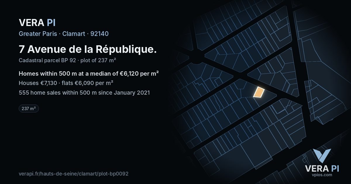 7 Avenue de la République, Clamart at night – the plot lit, the parcels around coloured by the prices near them