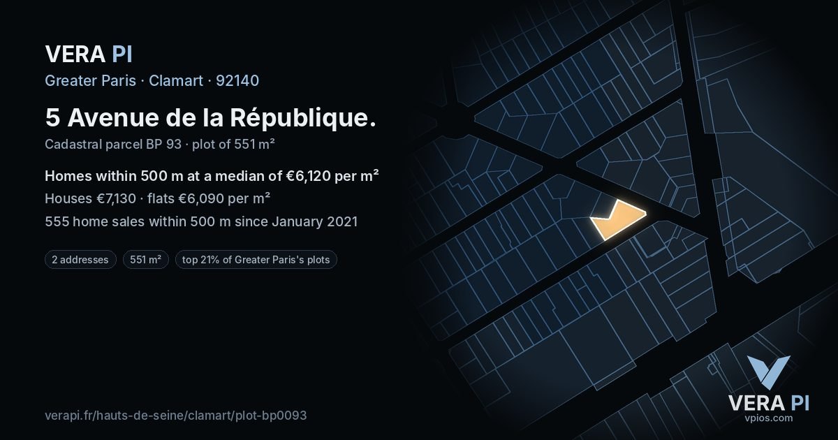 5 Avenue de la République, Clamart at night – the plot lit, the parcels around coloured by the prices near them