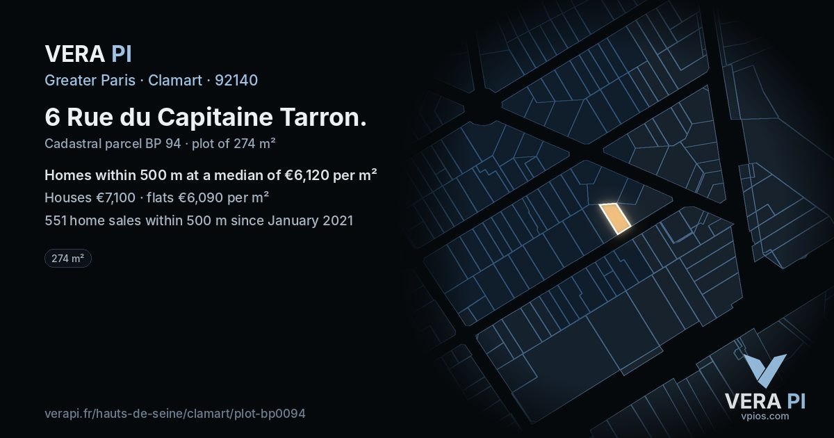 6 Rue du Capitaine Tarron, Clamart at night – the plot lit, the parcels around coloured by the prices near them