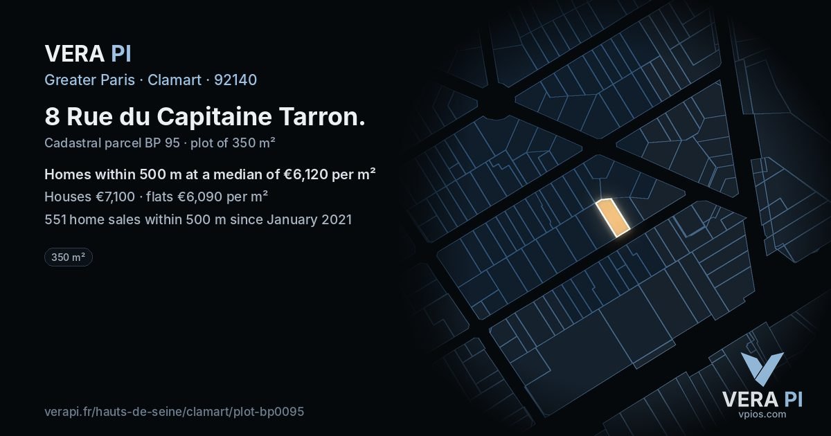 8 Rue du Capitaine Tarron, Clamart at night – the plot lit, the parcels around coloured by the prices near them