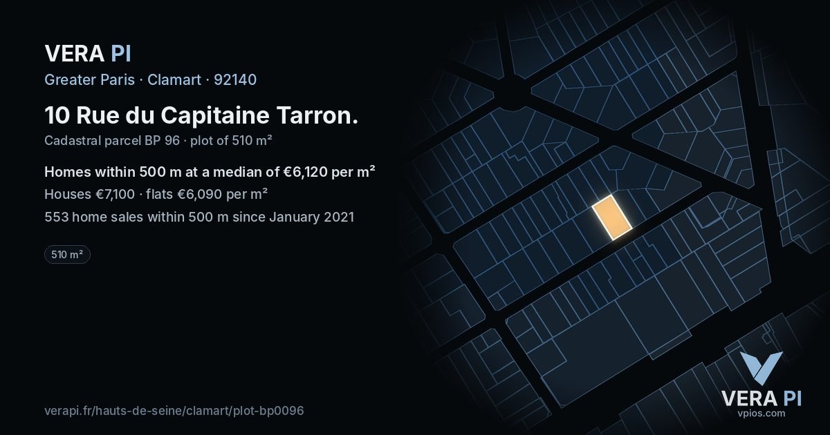 10 Rue du Capitaine Tarron, Clamart at night – the plot lit, the parcels around coloured by the prices near them