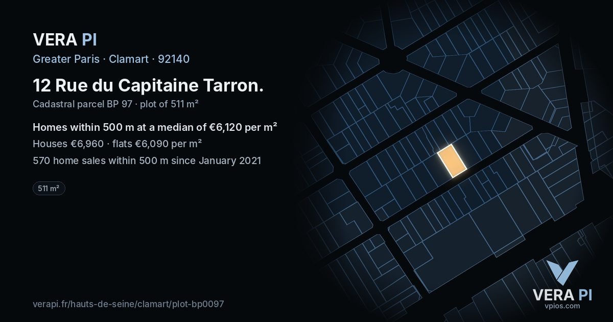 12 Rue du Capitaine Tarron, Clamart at night – the plot lit, the parcels around coloured by the prices near them
