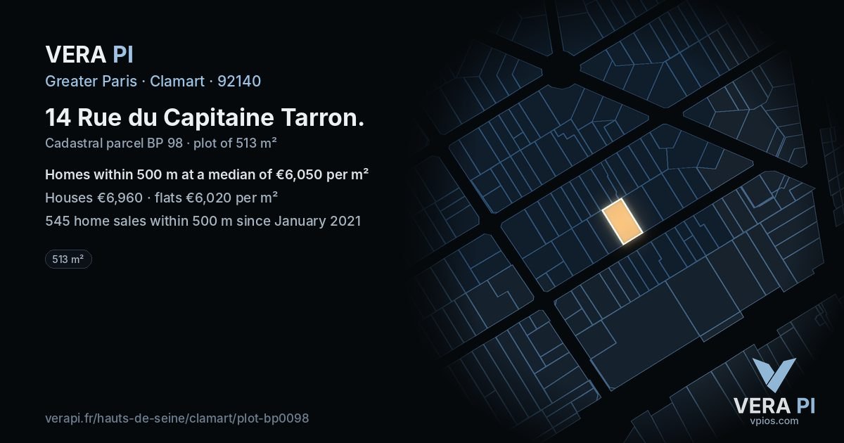 14 Rue du Capitaine Tarron, Clamart at night – the plot lit, the parcels around coloured by the prices near them