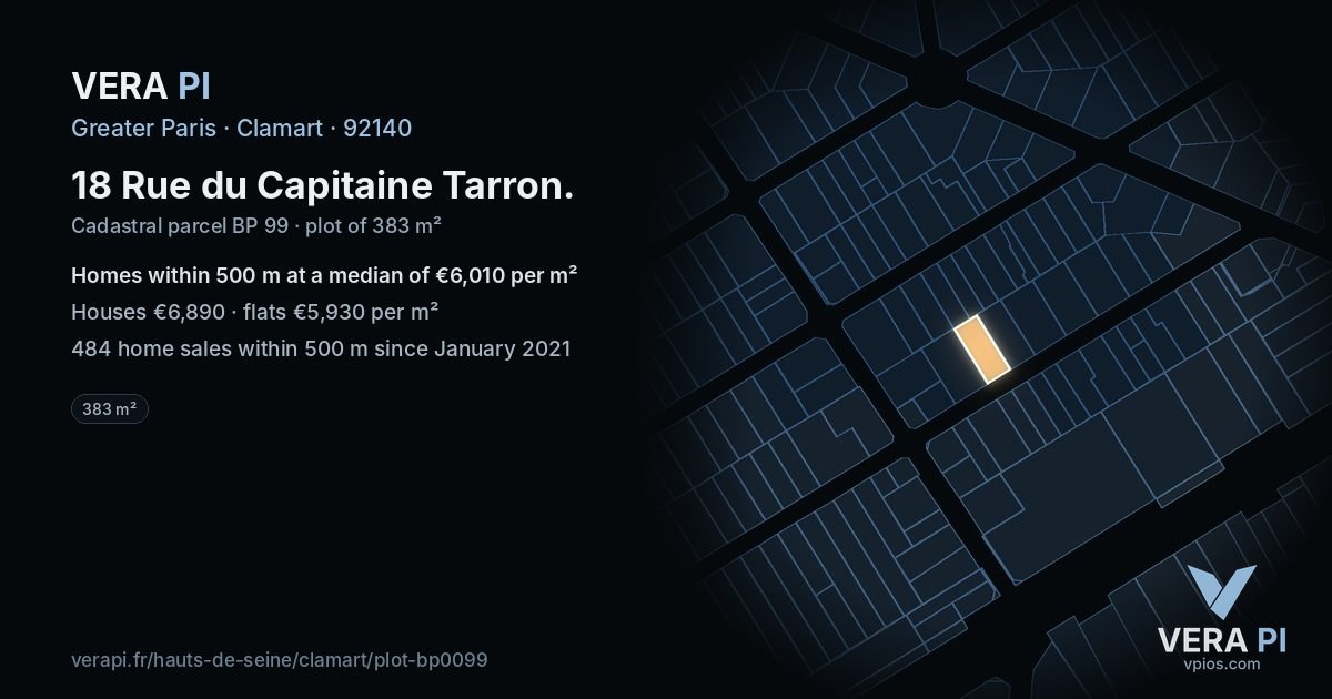 18 Rue du Capitaine Tarron, Clamart at night – the plot lit, the parcels around coloured by the prices near them