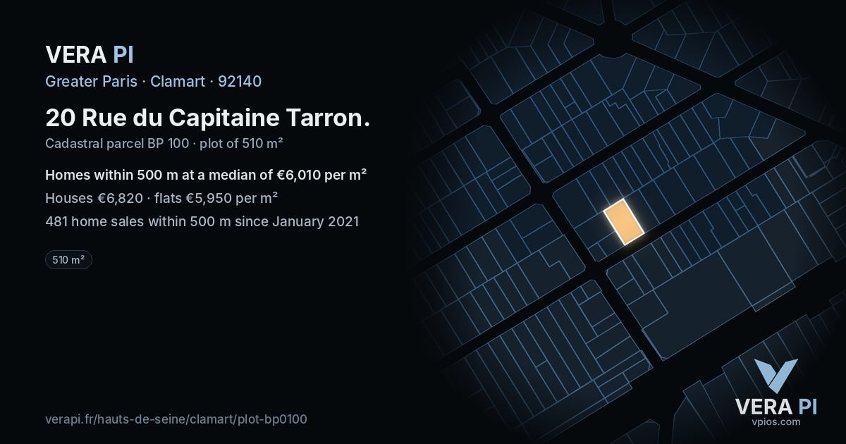 20 Rue du Capitaine Tarron, Clamart at night – the plot lit, the parcels around coloured by the prices near them