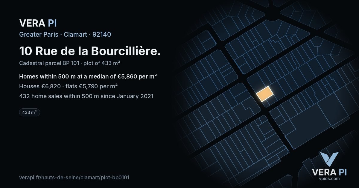 10 Rue de la Bourcillière, Clamart at night – the plot lit, the parcels around coloured by the prices near them