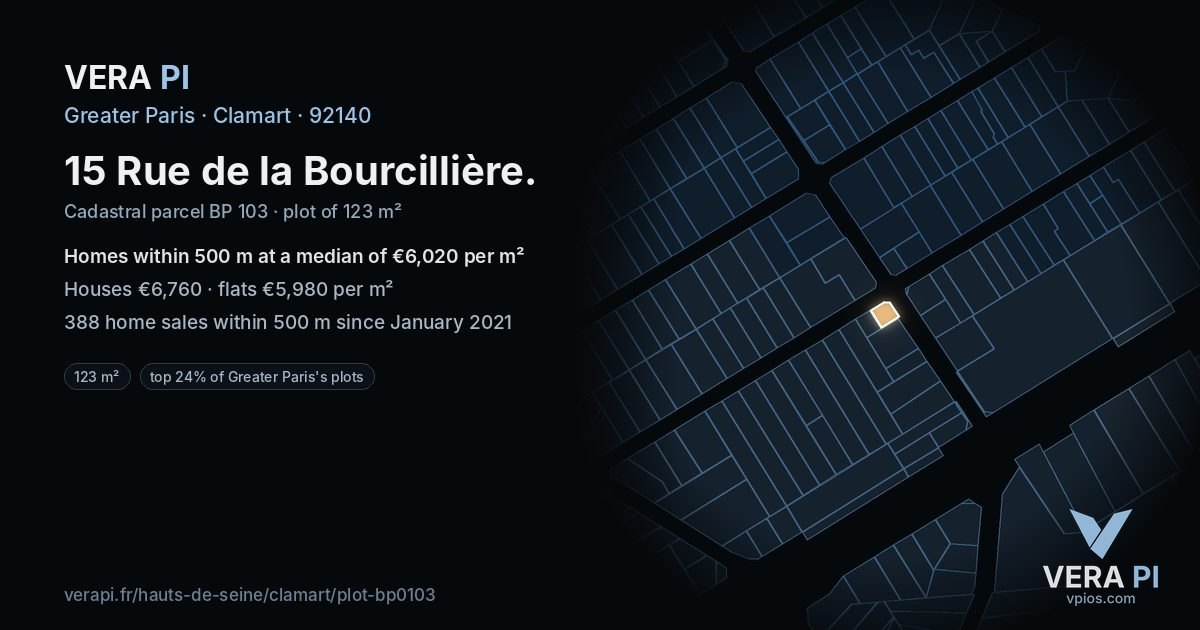 15 Rue de la Bourcillière, Clamart at night – the plot lit, the parcels around coloured by the prices near them