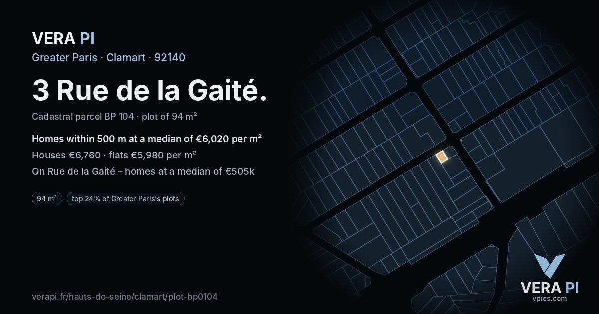 3 Rue de la Gaité, Clamart at night – the plot lit, the parcels around coloured by the prices near them