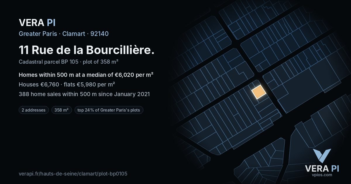 11 Rue de la Bourcillière, Clamart at night – the plot lit, the parcels around coloured by the prices near them