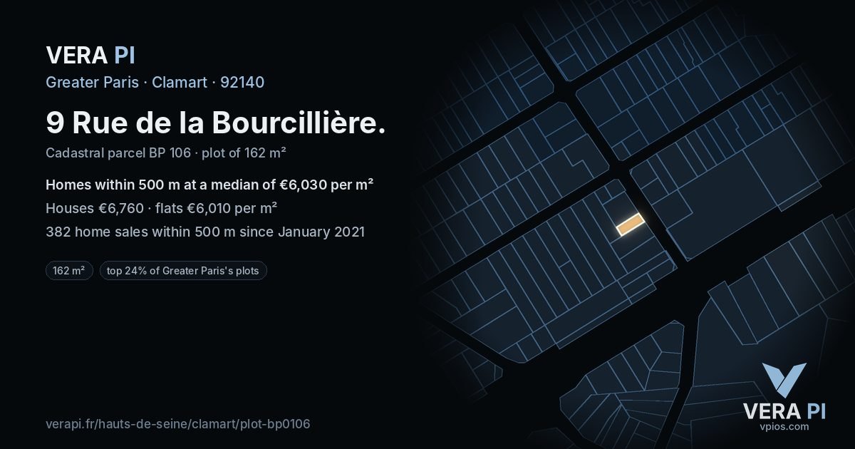 9 Rue de la Bourcillière, Clamart at night – the plot lit, the parcels around coloured by the prices near them