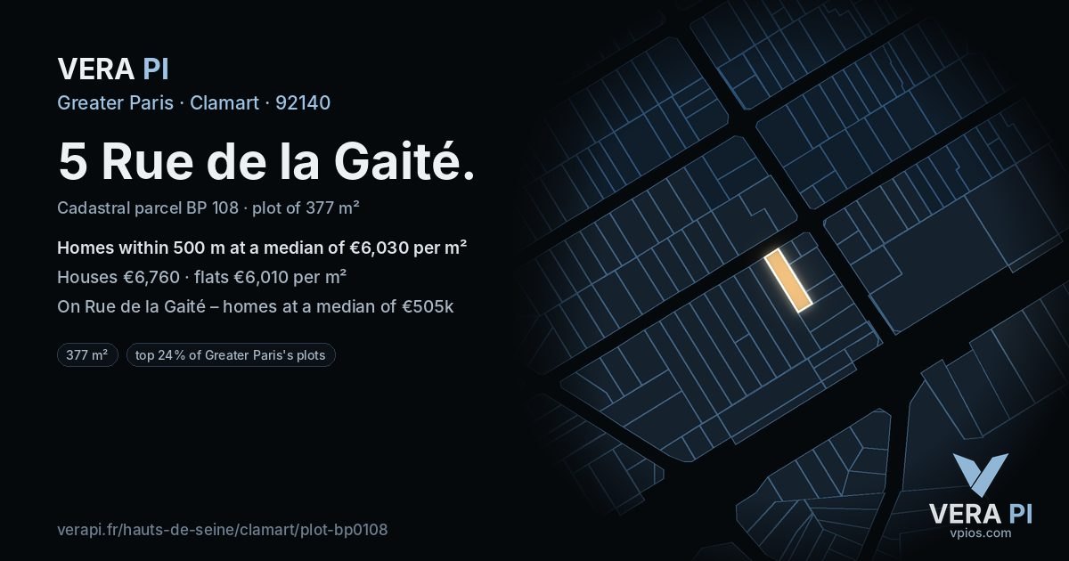 5 Rue de la Gaité, Clamart at night – the plot lit, the parcels around coloured by the prices near them