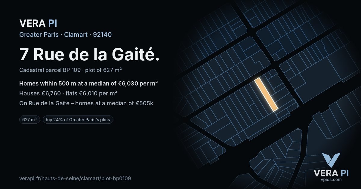7 Rue de la Gaité, Clamart at night – the plot lit, the parcels around coloured by the prices near them