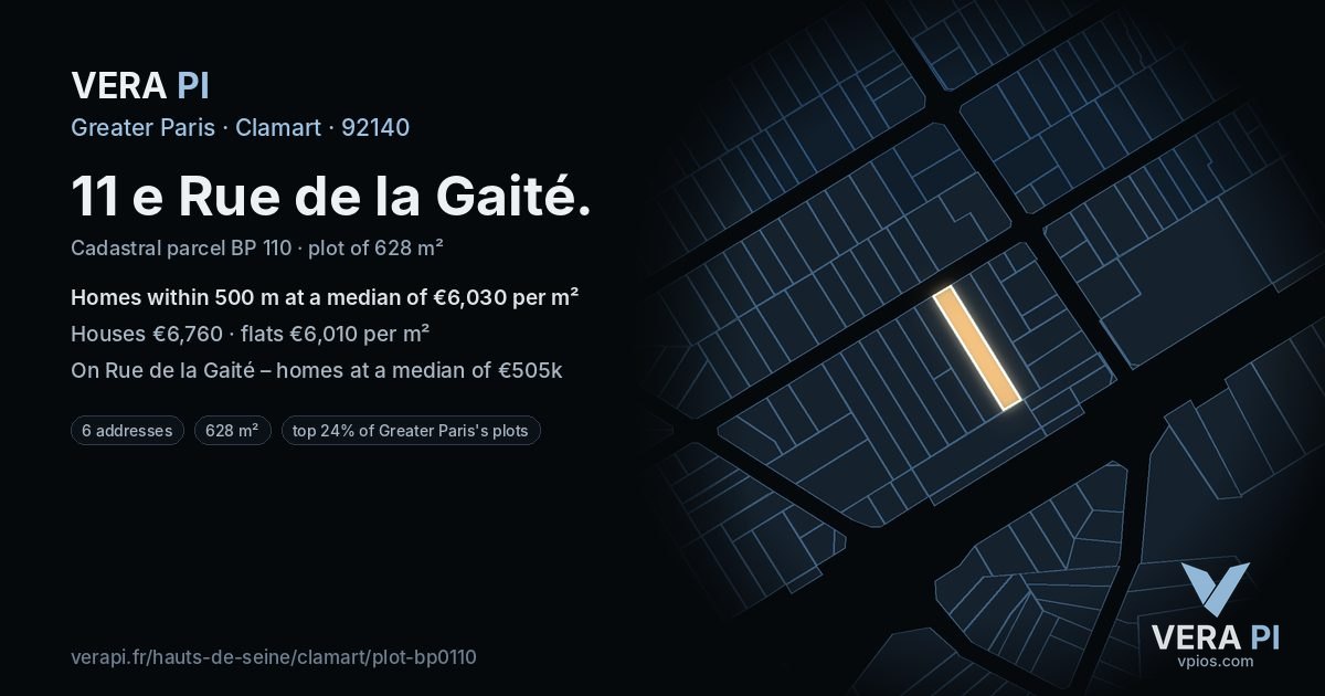 11 e Rue de la Gaité, Clamart at night – the plot lit, the parcels around coloured by the prices near them