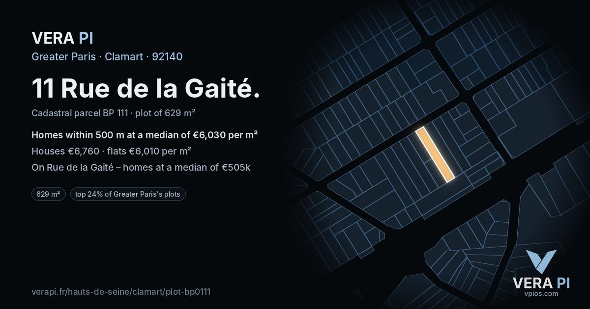 11 Rue de la Gaité, Clamart at night – the plot lit, the parcels around coloured by the prices near them