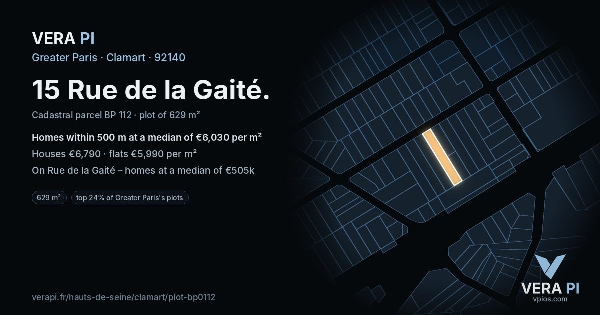 15 Rue de la Gaité, Clamart at night – the plot lit, the parcels around coloured by the prices near them