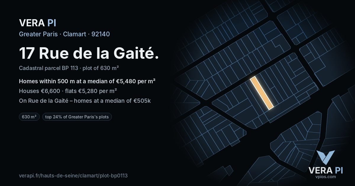 17 Rue de la Gaité, Clamart at night – the plot lit, the parcels around coloured by the prices near them