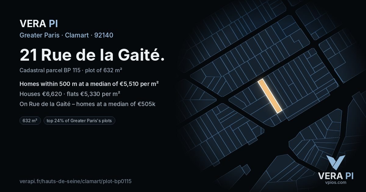 21 Rue de la Gaité, Clamart at night – the plot lit, the parcels around coloured by the prices near them
