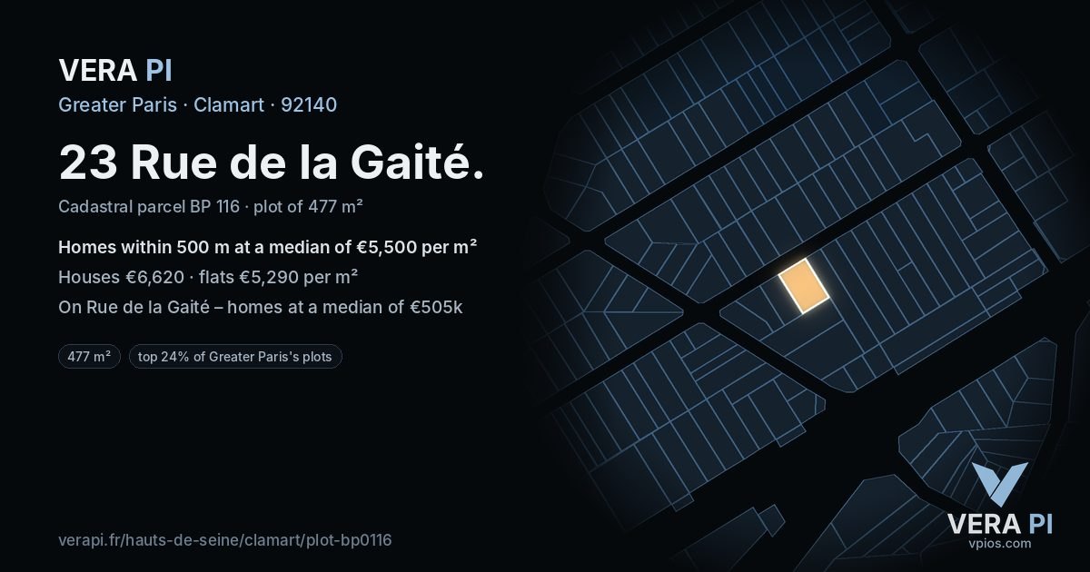 23 Rue de la Gaité, Clamart at night – the plot lit, the parcels around coloured by the prices near them