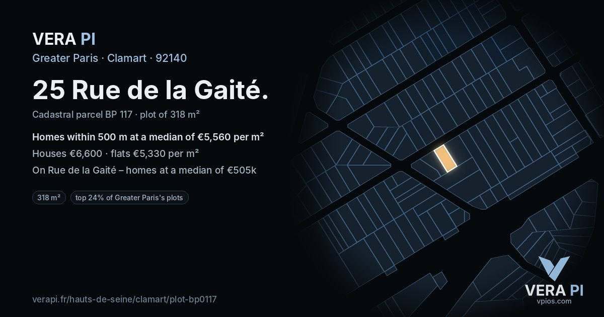 25 Rue de la Gaité, Clamart at night – the plot lit, the parcels around coloured by the prices near them