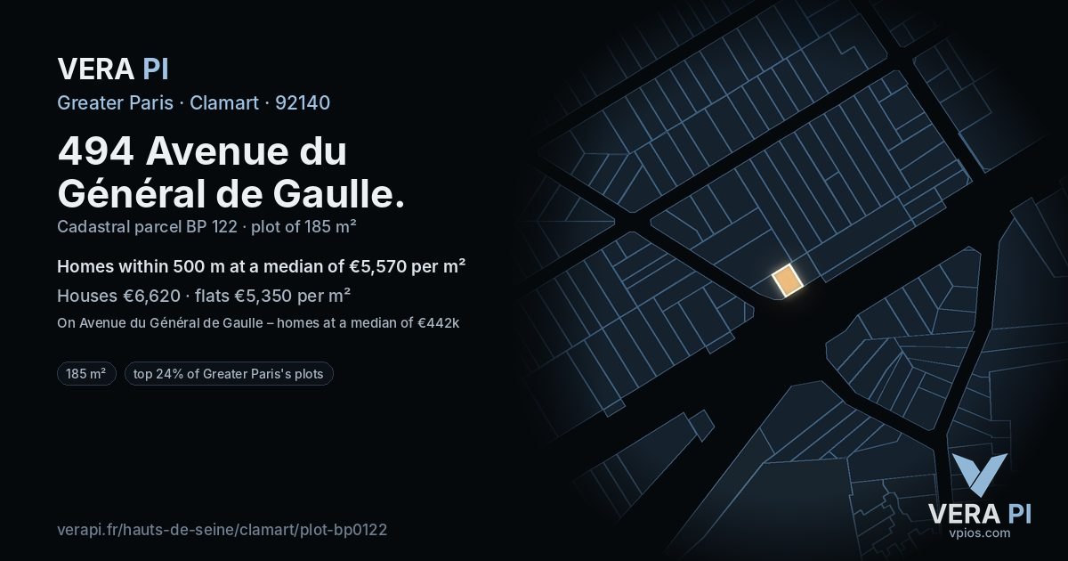 494 Avenue du Général de Gaulle, Clamart at night – the plot lit, the parcels around coloured by the prices near them