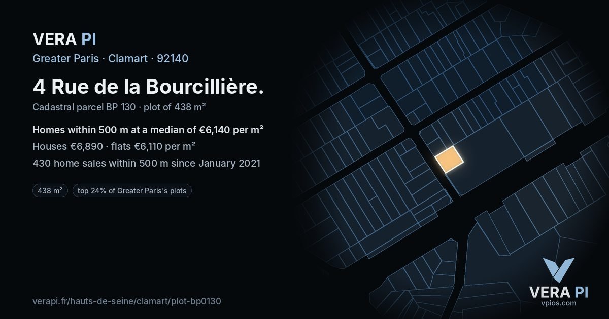 4 Rue de la Bourcillière, Clamart at night – the plot lit, the parcels around coloured by the prices near them