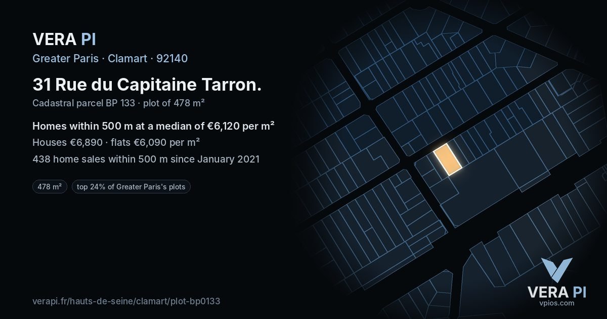31 Rue du Capitaine Tarron, Clamart at night – the plot lit, the parcels around coloured by the prices near them