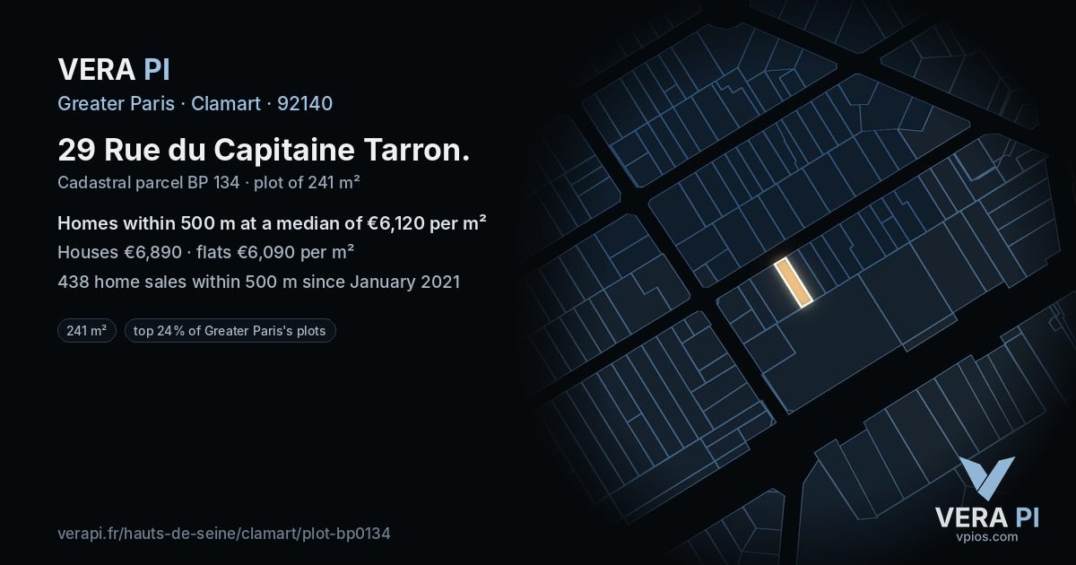 29 Rue du Capitaine Tarron, Clamart at night – the plot lit, the parcels around coloured by the prices near them