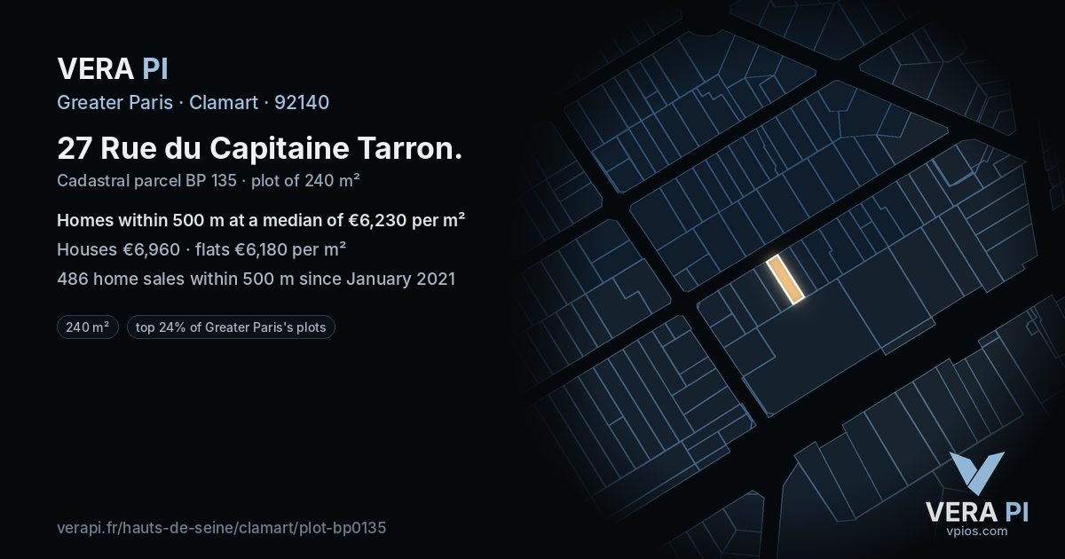 27 Rue du Capitaine Tarron, Clamart at night – the plot lit, the parcels around coloured by the prices near them