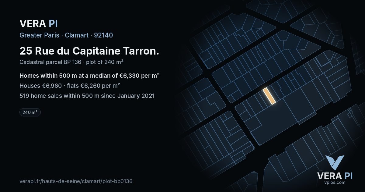 25 Rue du Capitaine Tarron, Clamart at night – the plot lit, the parcels around coloured by the prices near them