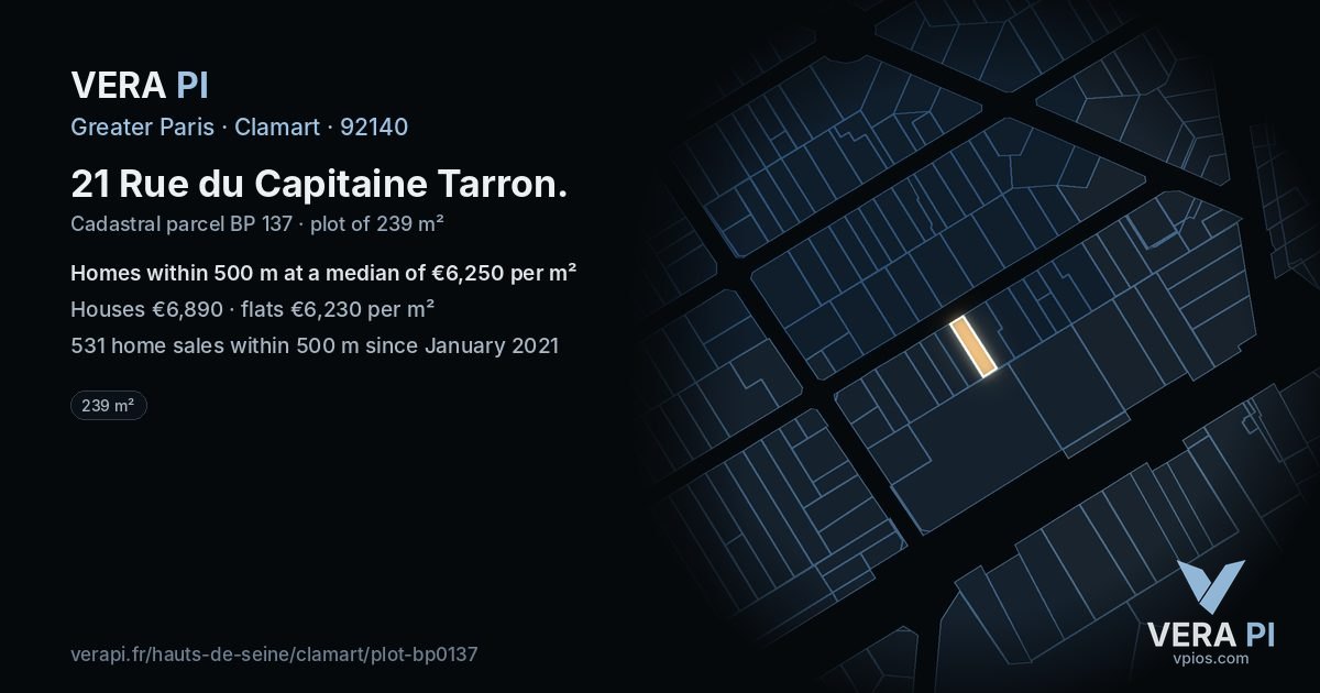 21 Rue du Capitaine Tarron, Clamart at night – the plot lit, the parcels around coloured by the prices near them