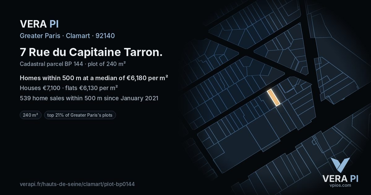 7 Rue du Capitaine Tarron, Clamart at night – the plot lit, the parcels around coloured by the prices near them