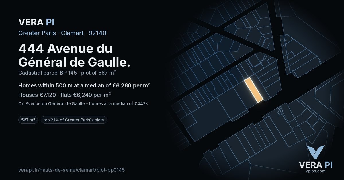444 Avenue du Général de Gaulle, Clamart at night – the plot lit, the parcels around coloured by the prices near them