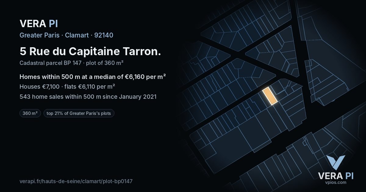 5 Rue du Capitaine Tarron, Clamart at night – the plot lit, the parcels around coloured by the prices near them