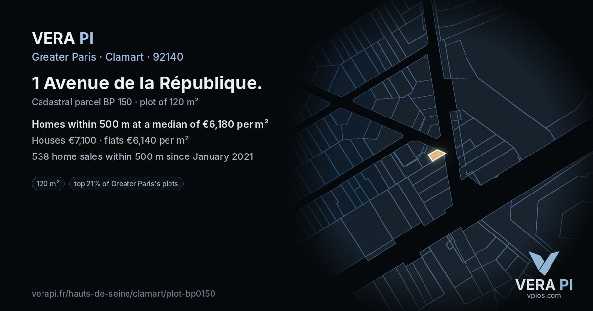 1 Avenue de la République, Clamart at night – the plot lit, the parcels around coloured by the prices near them