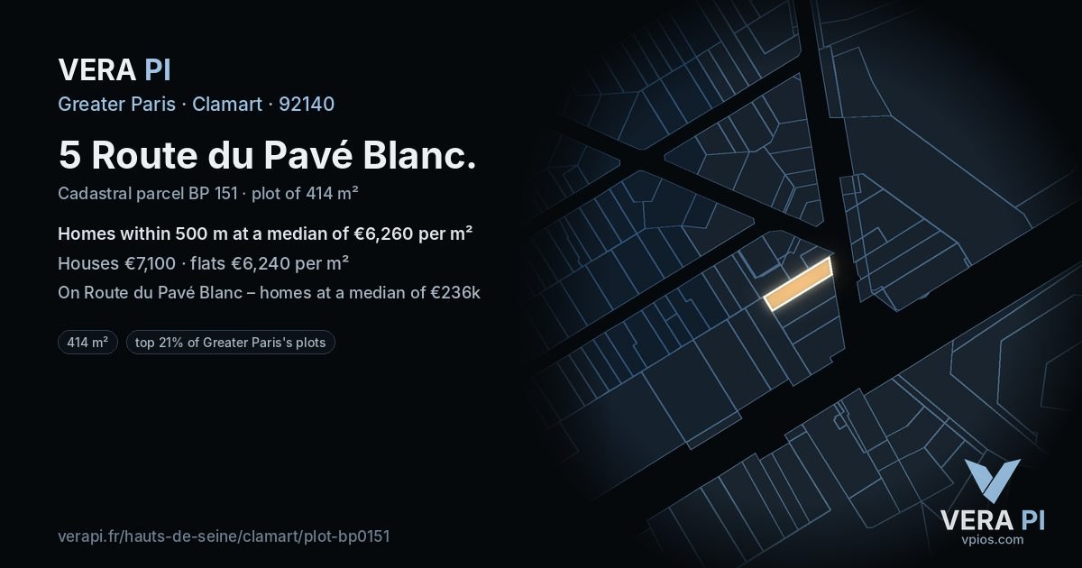 5 Route du Pavé Blanc, Clamart at night – the plot lit, the parcels around coloured by the prices near them