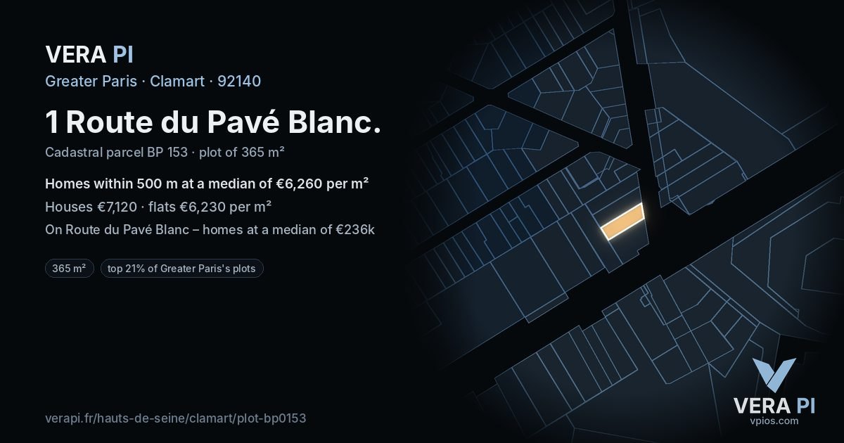 1 Route du Pavé Blanc, Clamart at night – the plot lit, the parcels around coloured by the prices near them
