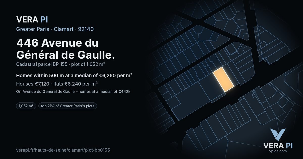 446 Avenue du Général de Gaulle, Clamart at night – the plot lit, the parcels around coloured by the prices near them