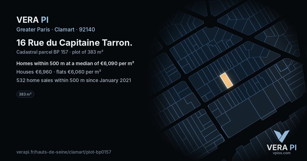 16 Rue du Capitaine Tarron, Clamart at night – the plot lit, the parcels around coloured by the prices near them