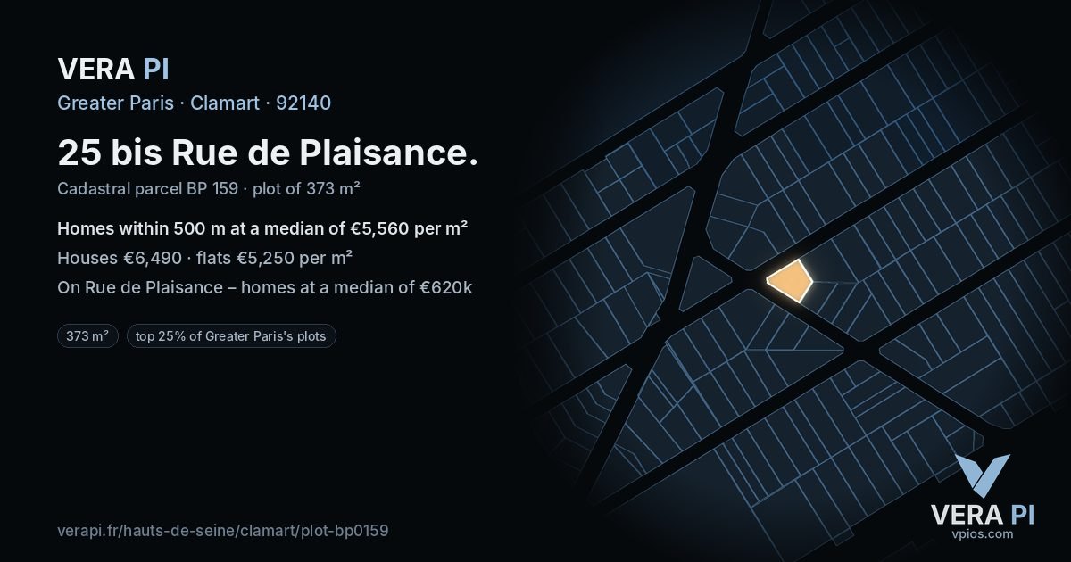25 bis Rue de Plaisance, Clamart at night – the plot lit, the parcels around coloured by the prices near them