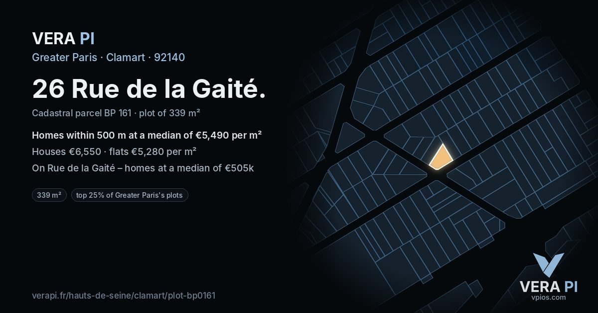 26 Rue de la Gaité, Clamart at night – the plot lit, the parcels around coloured by the prices near them