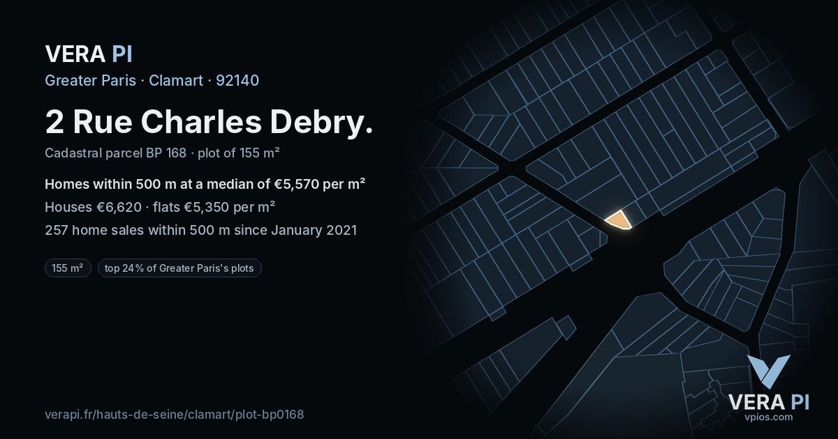 2 Rue Charles Debry, Clamart at night – the plot lit, the parcels around coloured by the prices near them