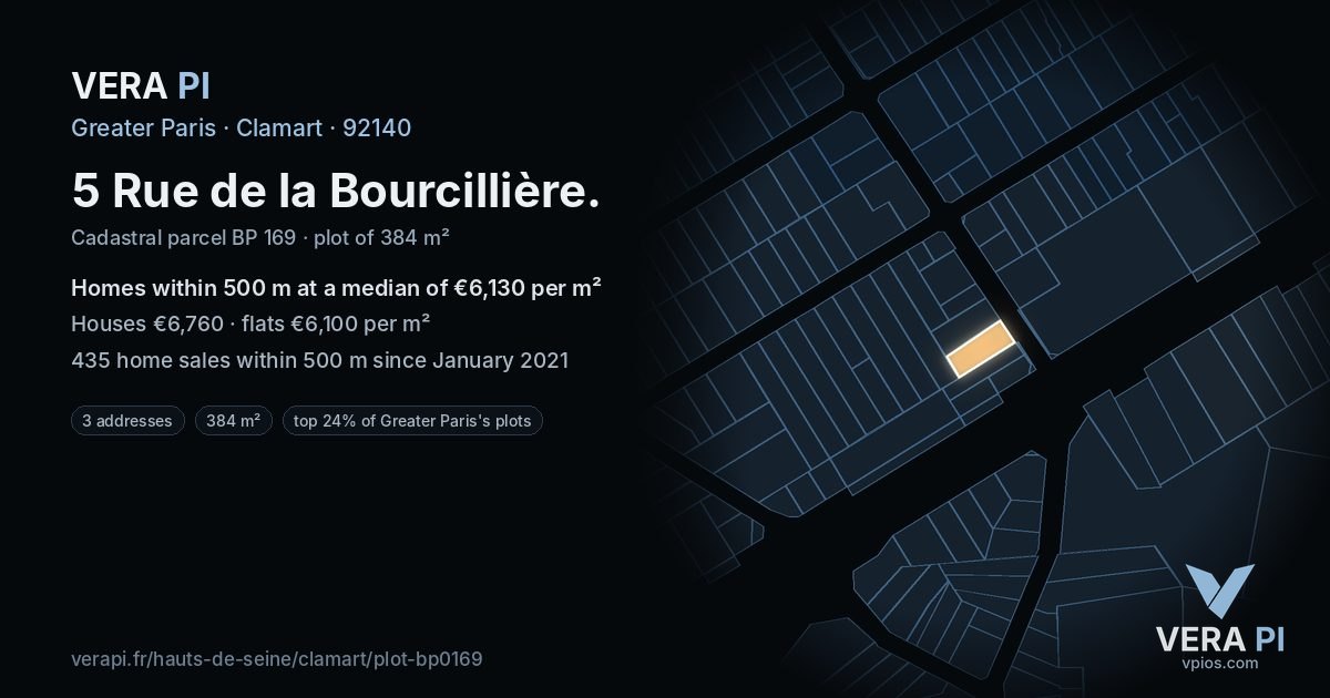 5 Rue de la Bourcillière, Clamart at night – the plot lit, the parcels around coloured by the prices near them