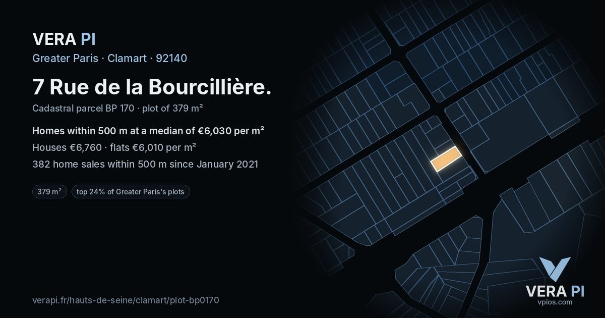 7 Rue de la Bourcillière, Clamart at night – the plot lit, the parcels around coloured by the prices near them
