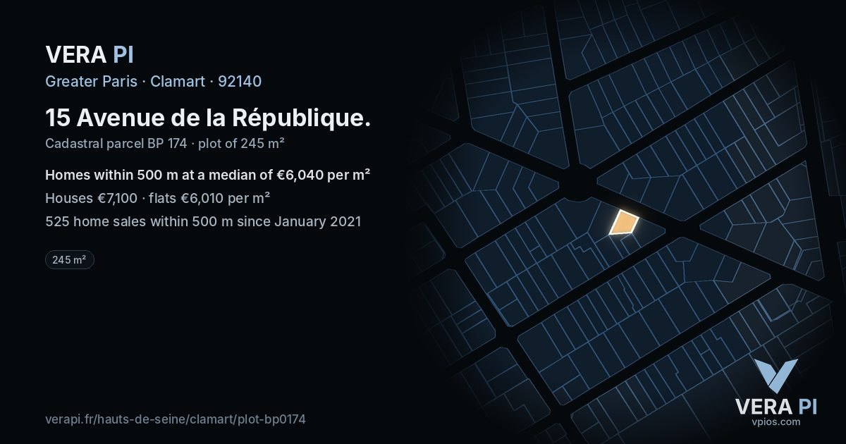 15 Avenue de la République, Clamart at night – the plot lit, the parcels around coloured by the prices near them