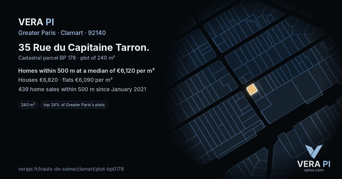 35 Rue du Capitaine Tarron, Clamart at night – the plot lit, the parcels around coloured by the prices near them