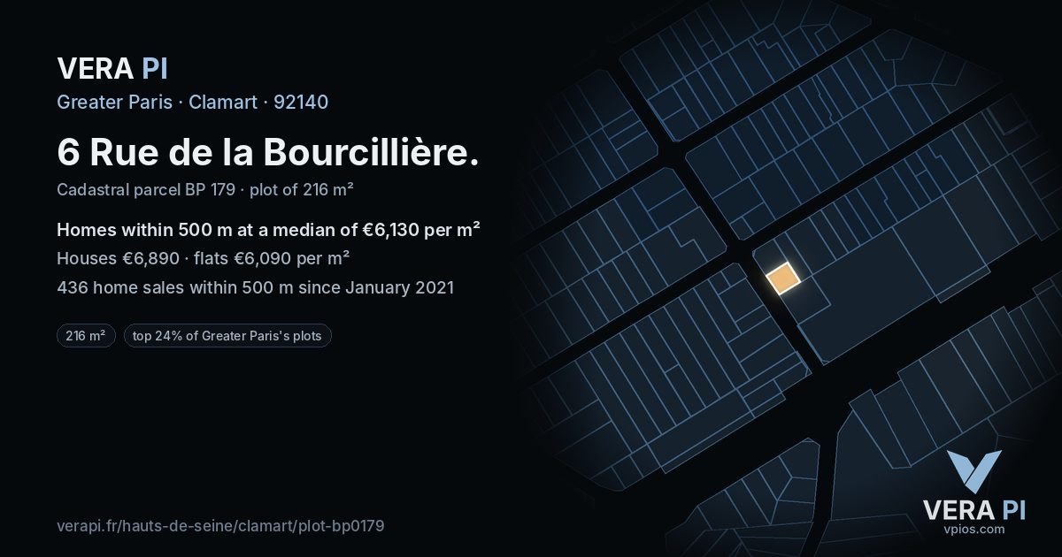 6 Rue de la Bourcillière, Clamart at night – the plot lit, the parcels around coloured by the prices near them