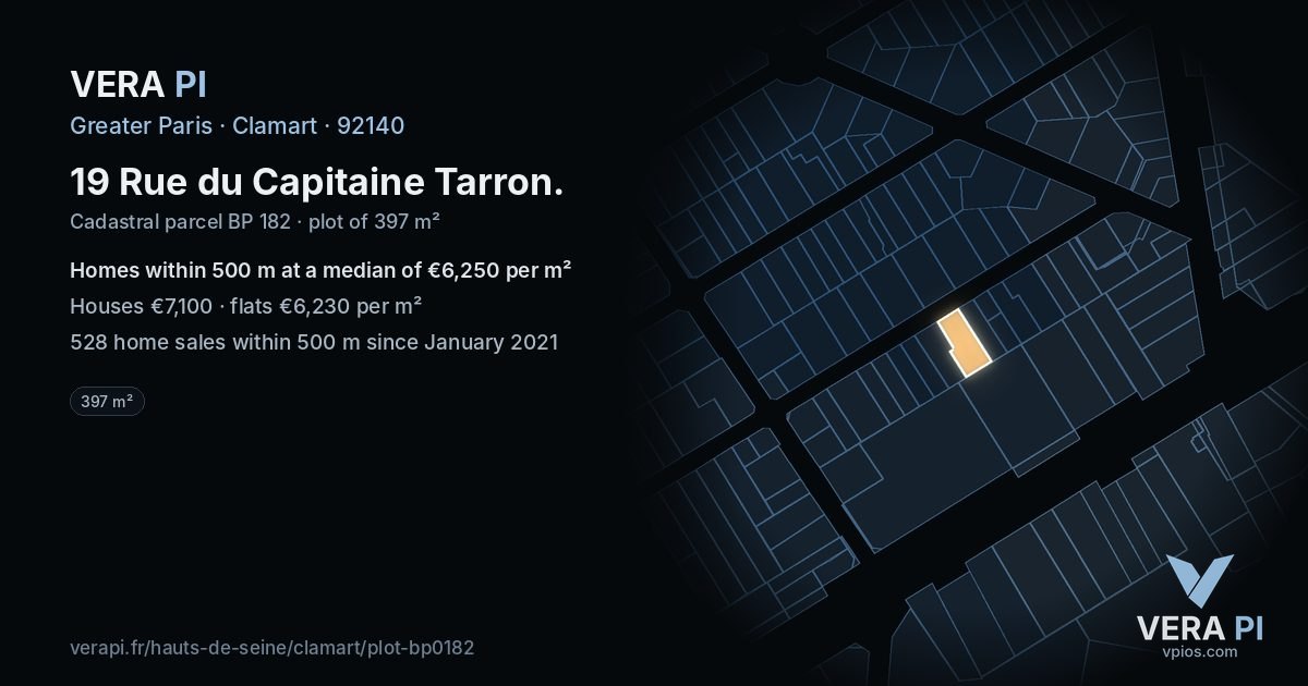 19 Rue du Capitaine Tarron, Clamart at night – the plot lit, the parcels around coloured by the prices near them