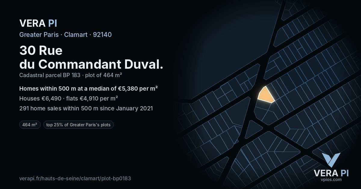 30 Rue du Commandant Duval, Clamart at night – the plot lit, the parcels around coloured by the prices near them