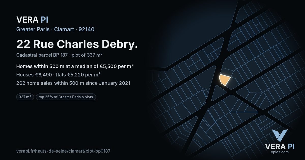 22 Rue Charles Debry, Clamart at night – the plot lit, the parcels around coloured by the prices near them